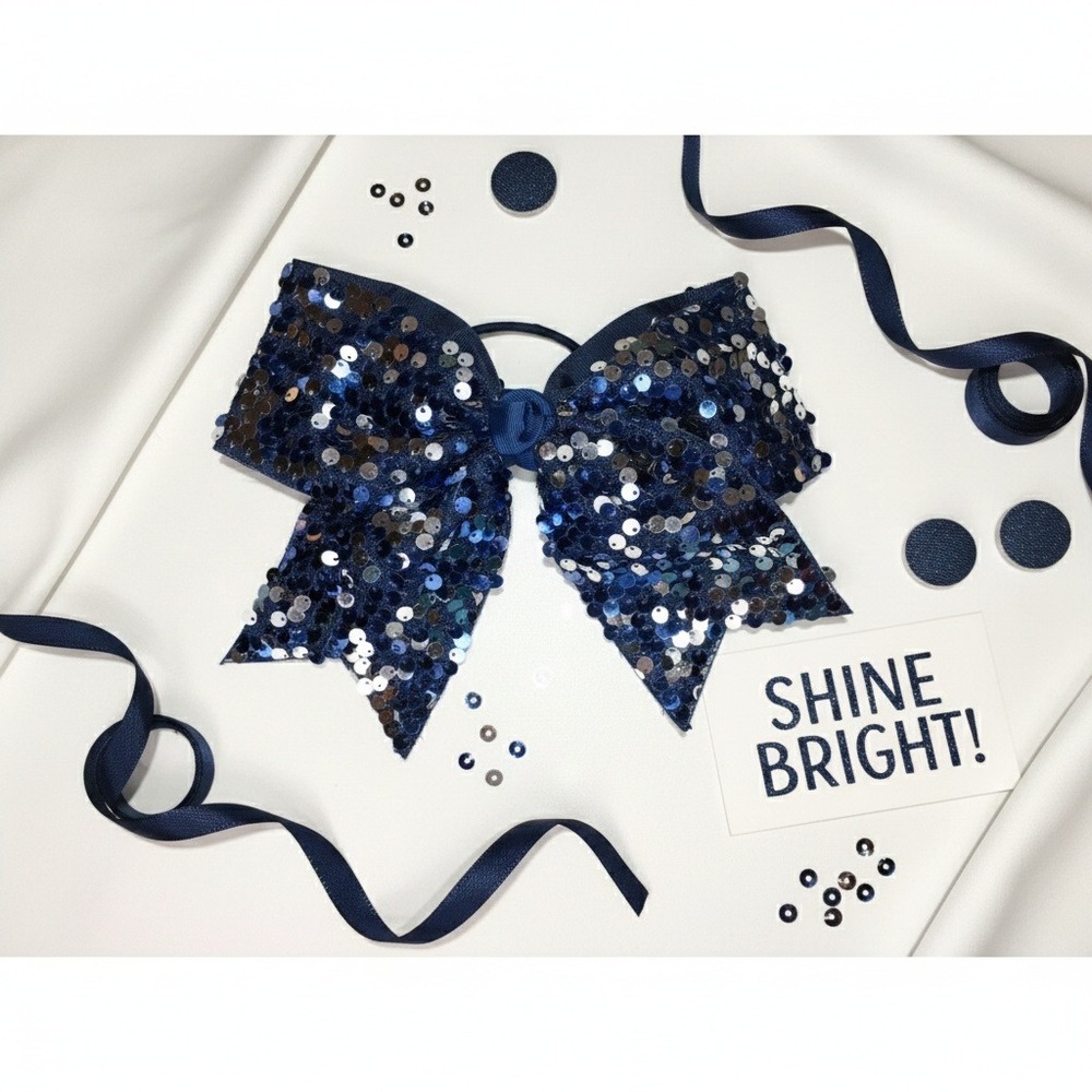 Sparkly Navy‎ Blue Sequin Denim Bow Hair Clip with Custom Name "Gomez"